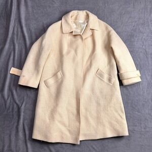 Vintage Meri K Overcoat Womens Beige Lined Open Front Knit Formal Business Y2K